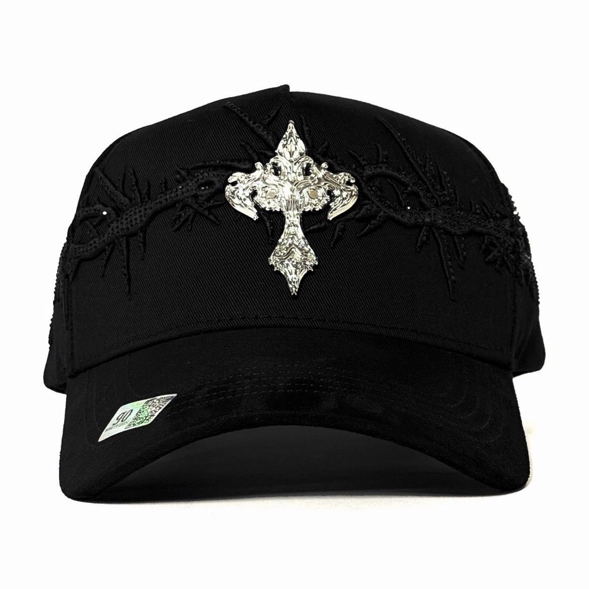 Gorra Ninety Hats Negra Bordado Cruz y Espinas Hombre One Size Baseball Cap