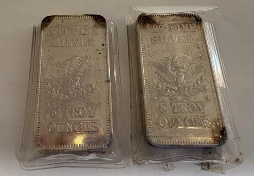 .999 Fine Silver Bars Lot of 2, 5 oz Each, Total 10 oz, Silver Bar .999 Fineness