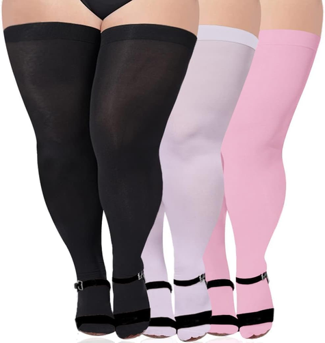3 Pairs Plus Size Thigh High Stockings Opaque Sheer Long Womens Socks - Picture 1 of 6