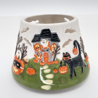 White Barn Halloween Candle Holder Ceramic Black Cat Haunted House 3-Wick Decor