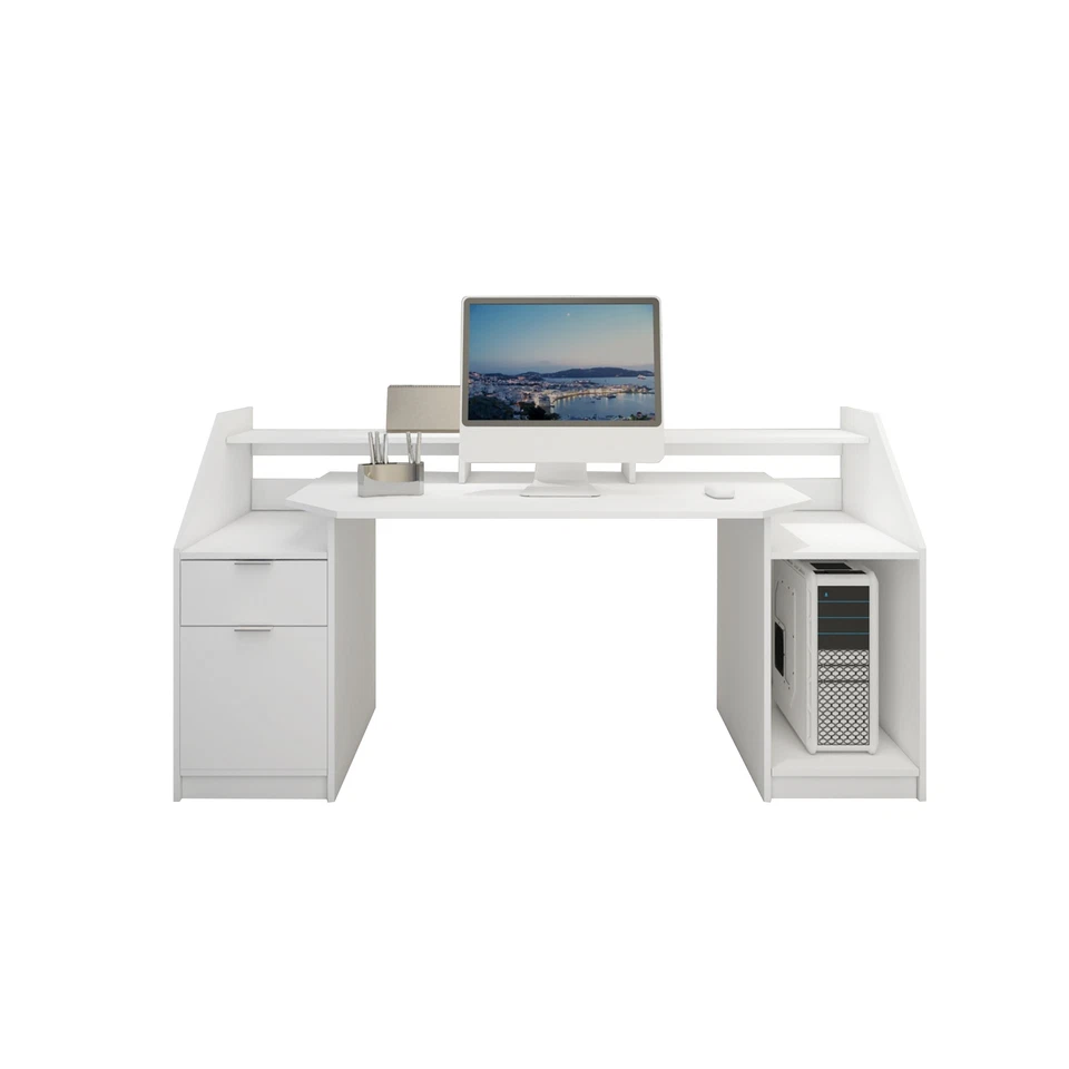 Scrivania per computer tavolo bianco ufficio mobile con cassetto ripiani 180 cm - Immagine 2 di 4