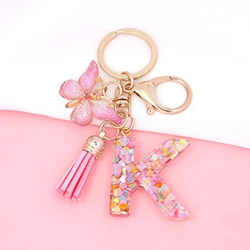 Fashion Alphabet Initial Letter Keychain Tassel Pink Butterfly Letter K - Picture 3 of 6