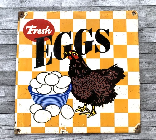 VINTAGE Fresh EGGS DAIRY PORCELAIN GASOLINE GAS OIL SODA POP PUMP STATION SIGN