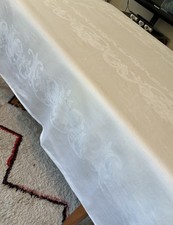 Vintage White Linen Damask Tablecloth 101x66 Engleside Restored Selvedge Border