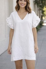 Anthropologie Maeve Lottie Shift Dress Linen Blend White Flutter Sleeve SZ Small