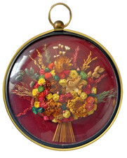 Vintage Belgian CideArt Dried Flowers Convex Domed Glass Wall Art