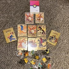 Pokemon Charizard Gold Foil Collectible Cards Set, Pins And 3 Unopened Packs