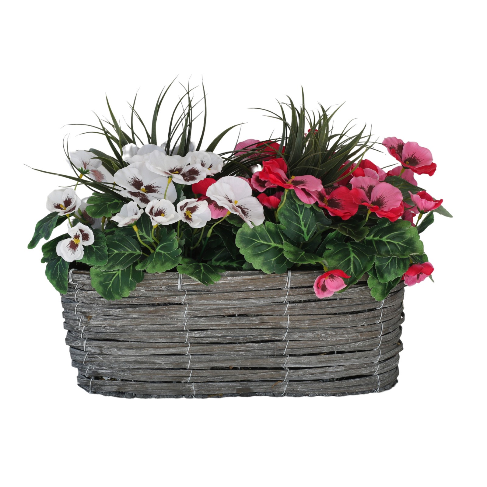 GreenBrokers Artificial Pink & White Pansy Window Box Grey Willow Basket 40cm