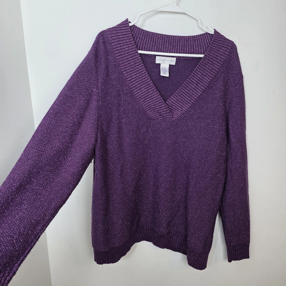 Suéter de fiesta grueso con cuello en V mezcla de lana púrpura brillante Susan Graver talla 1X Foto 2 de 4