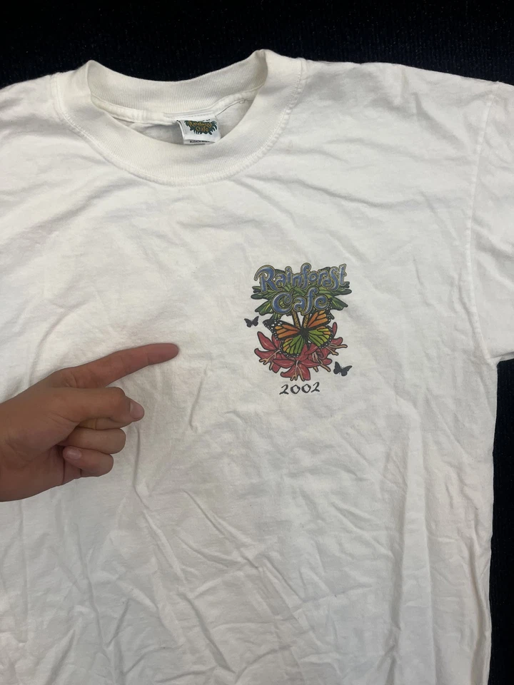 Camisa de café Rainforest vintage para hombre mediana Seattle 2002 camiseta gráfica mariposa años 00 Foto 3 de 4