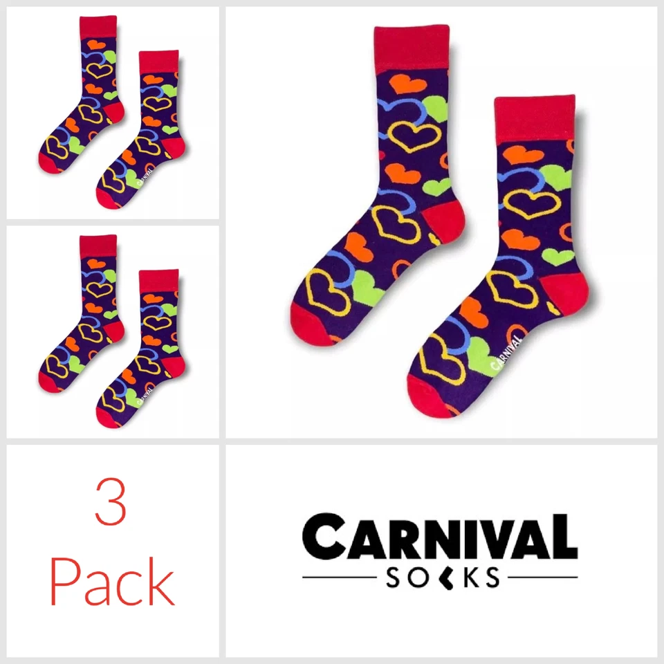 Cotton Ankle Socks Carnival x 3 Pairs Pack Shoe Size UK 4 - 7 Hearts Novelty Fun