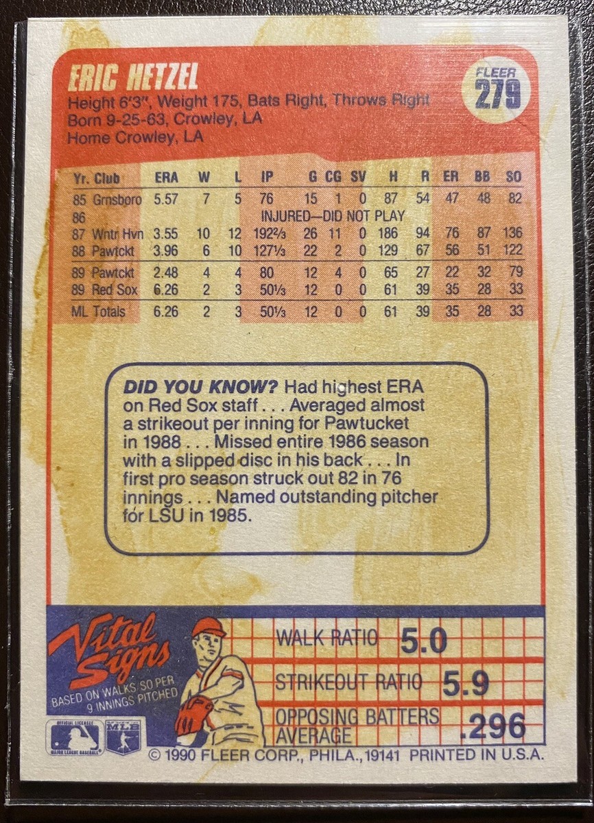 エルテ 『ニューヨーク、ニューヨーク』ファイン チャイナ 1990年 署名入 1990 Fleer Eric Hetzel Signed Card #279 Boston Red Sox (NA AU) | eBay