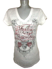 HARLEY-DAVIDSON Womens Sz Large, White/Pink/Gray Top, Graphics/Jewels Poly/Rayon