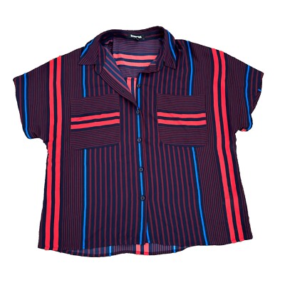 Express Women s Short Sleeved Button Down-Navy, Maroon, Red Striped With Pockets
