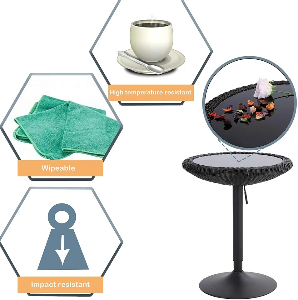 Juego de 3 sillas de mimbre y mesa ajustable para muebles de exterior de ratán y bistró para patio Foto 4 de 4