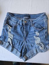 Aeropostale High Rise Midi Jean Shorts Size 6 Distressed Blue Denim Cuffed Cut
