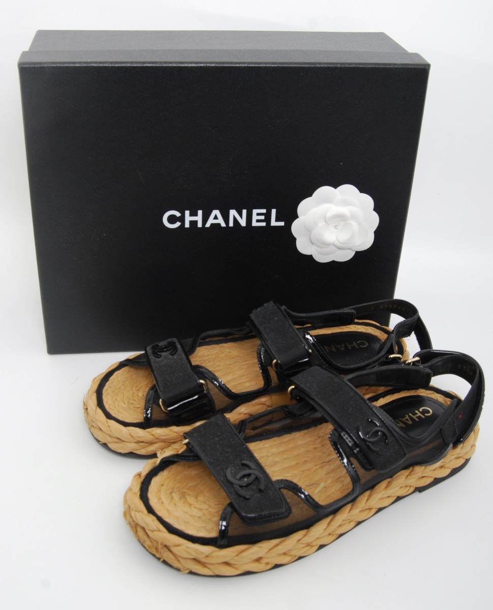 CHANEL Dad Sandals 22P Black Raffia Mesh Leather Shoes CC