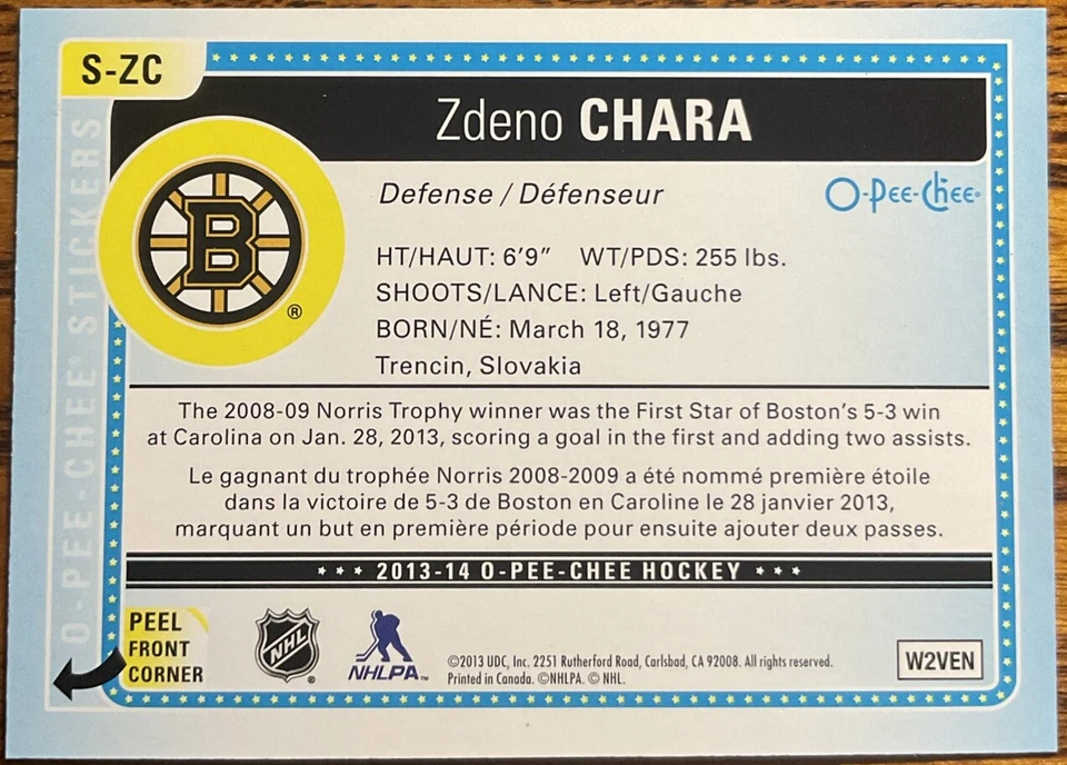2013-14 O-Pee-Chee Stickers Zdeno Chara #S-ZC Boston Bruins - Image 2 of 2