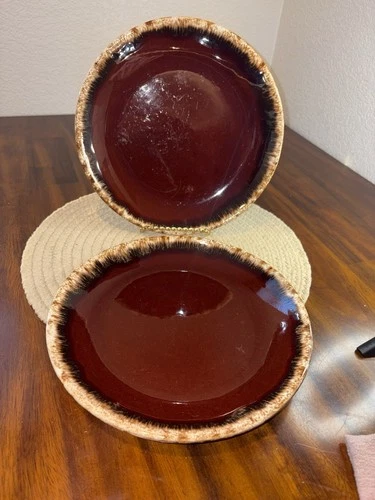 VTG Hull Brown Drip Glaze Dinner Plates 10.5” Diameter Round USA Lot of 2-Shiny!