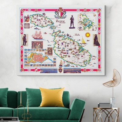 Malta Mediterranean Map   Pictorial Maltese Islands Geography & History Print