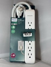 Philips 6 Outlet Surge Protector 6Ft Extension Cord Flat Plug Tangle Free White