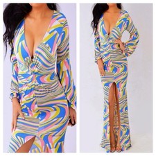 Pink Yellow Blue Long Sleeve V Neck Long Maxi Dress M Medium NEW