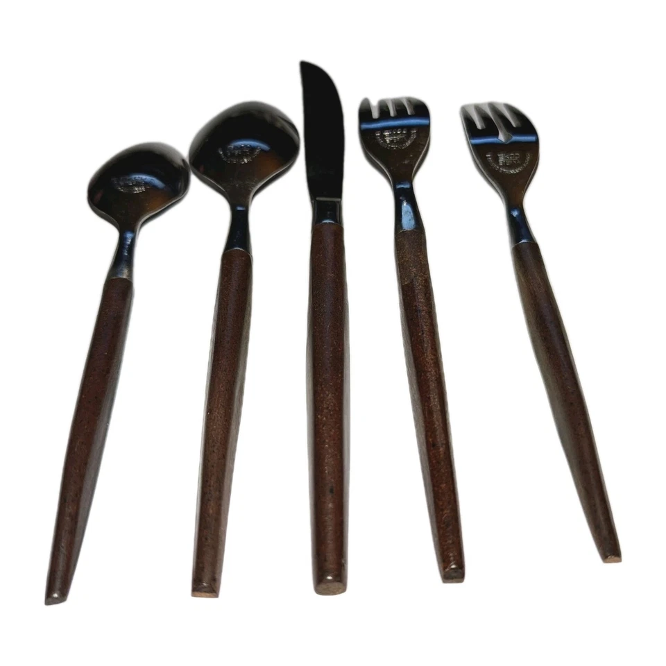 Vtg EKCO Eterna Canoe Muffin Wood Flatware 5-Pc Place Setting SS & Wooden MCM A+ - Image 3 of 4