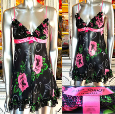 Vintage Betsey Johnson Slip Dress Babydoll Y2K Black Rose Floral Jewelry Print S