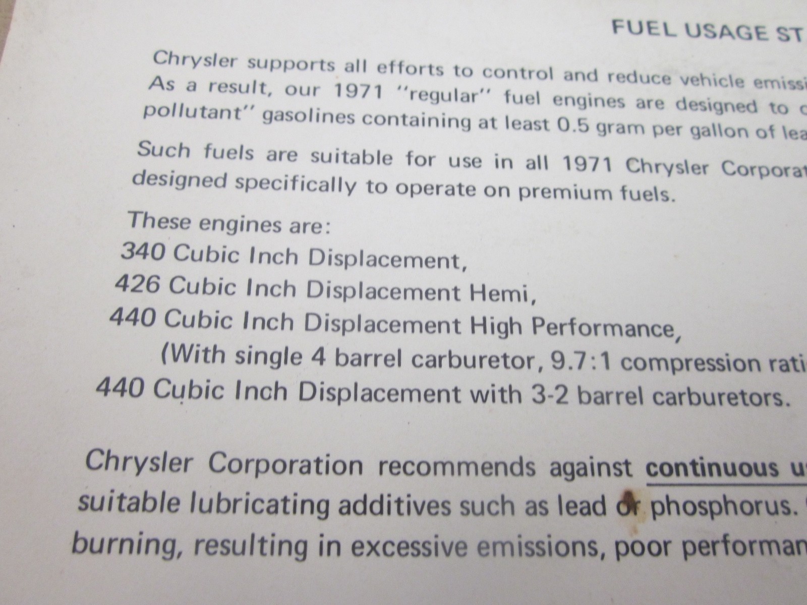Mopar Chrysler Vintage Literature Fuel Usage Statement  1971 engines