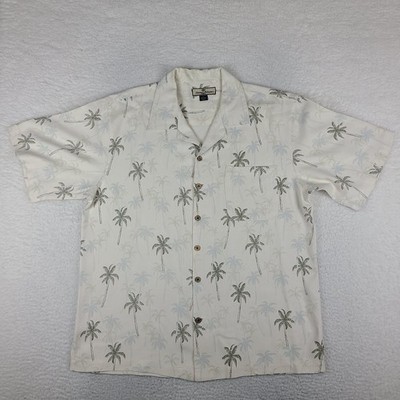 Tommy Bahama Shirt Mens large Beige Green Silk Floral Preppy Hawaiian Button Up