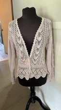 Women's 2X Crochet Knit Cardigan Sweater Dusty Pink Cotton Ramie Shabby Chic