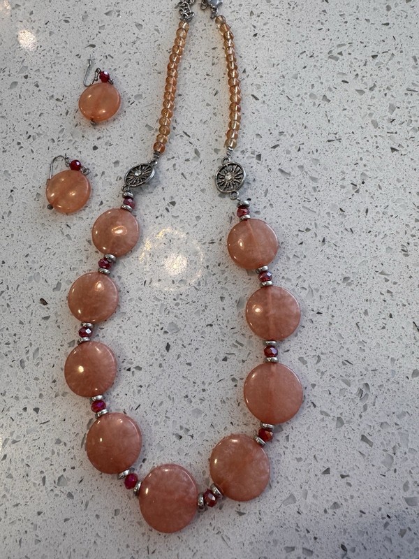 Handcrafted Peach Glass Bead Necklace & Earrings Set for Women, Silver Accents