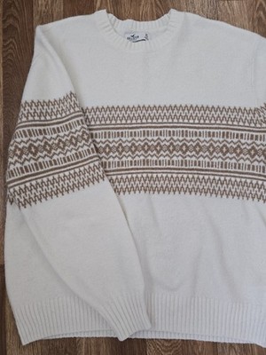 Hollister Women's XS Cream Fair Isle Nordic Sweater Brown Pattern Crewneck Knit