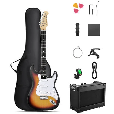 Donner DST-80 E-Gitarre Sunburst mit Verstärker Zubehör Holzmaserung SSS Pickup