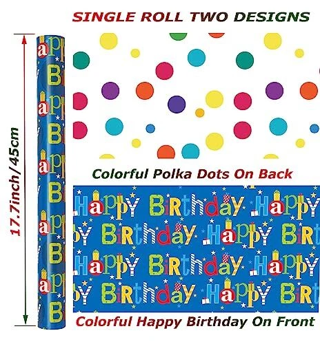  Reversible Happy Birthday Wrapping Paper Roll for Kids Boys Girls Birthday  - Image 4 of 4