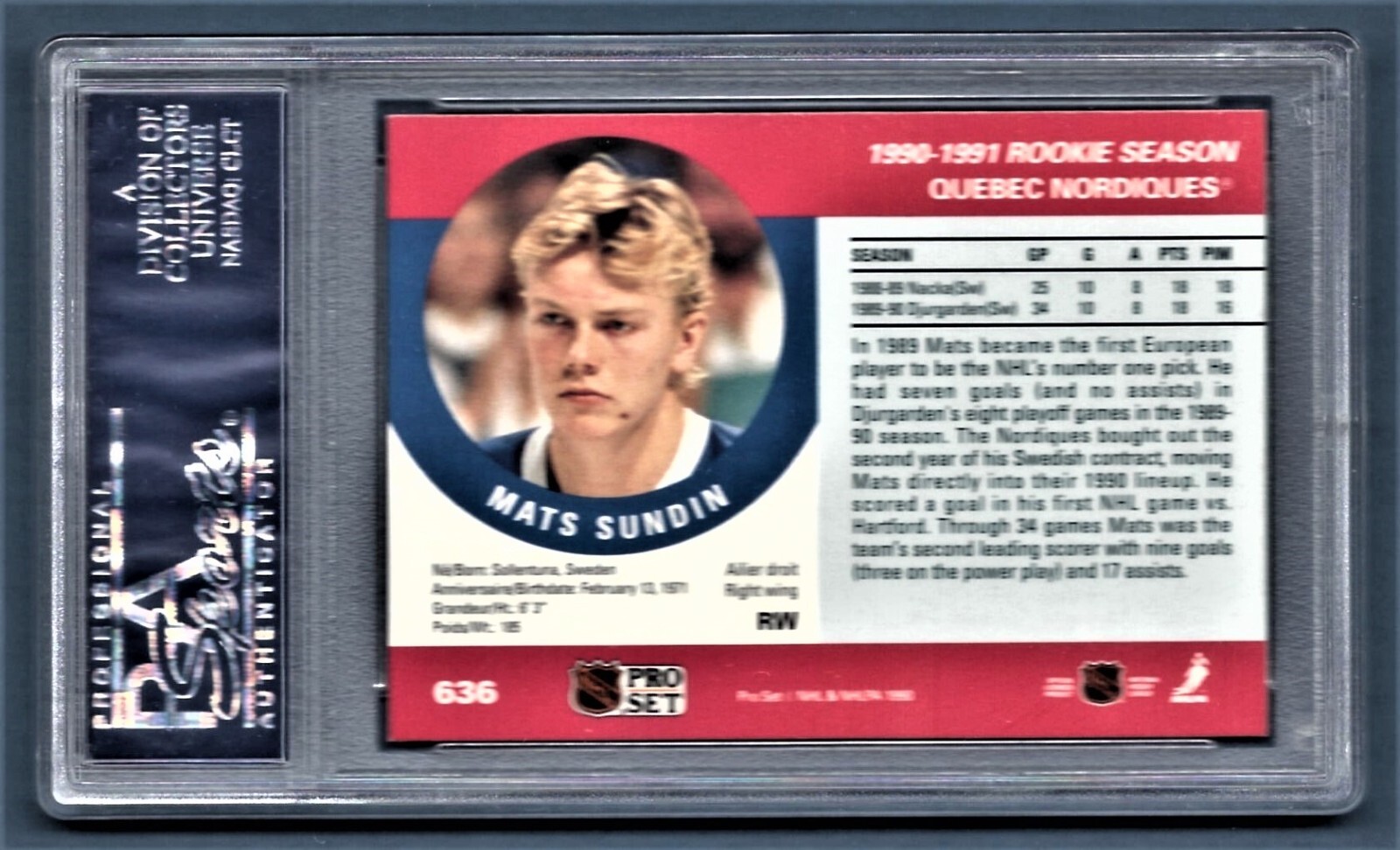 1990 Pro Set Mats Sundin Nordiques 636 Rookie PSA 8 22709626 (HOF