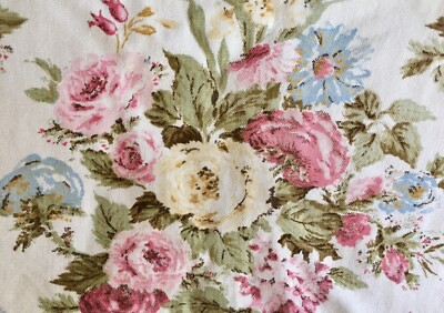 Vintage Retro Cottage Chic Roses Floral Cotton Fabric- Pink Blue