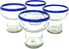 Mexican Hand Blown Glass – Set of 4 Stemless Blue Rim Margarita Glasses (14oz)