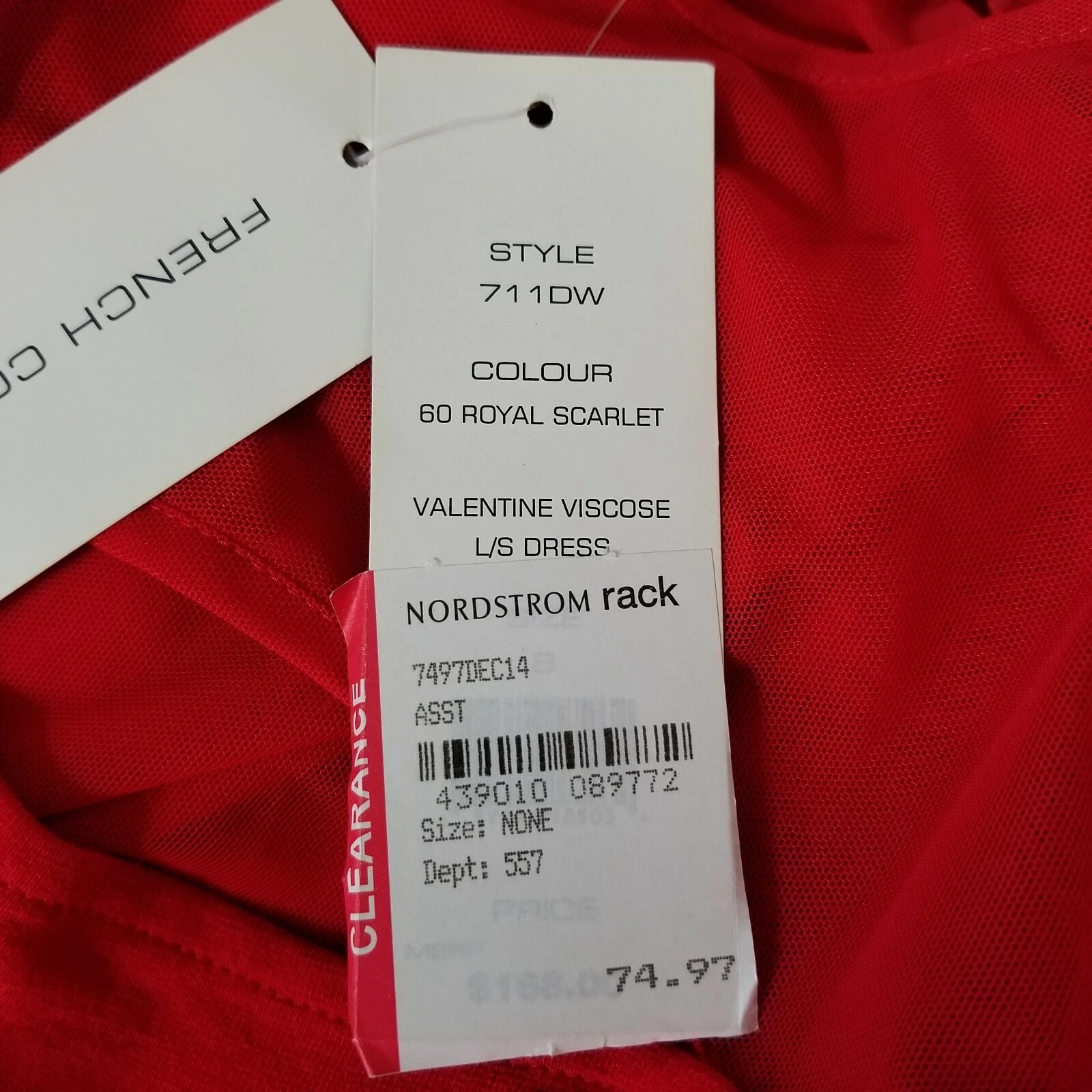 Abito French Connection San Valentino viscosa manica lunga Royal Scarlet taglia 8 nuovo con etichetta