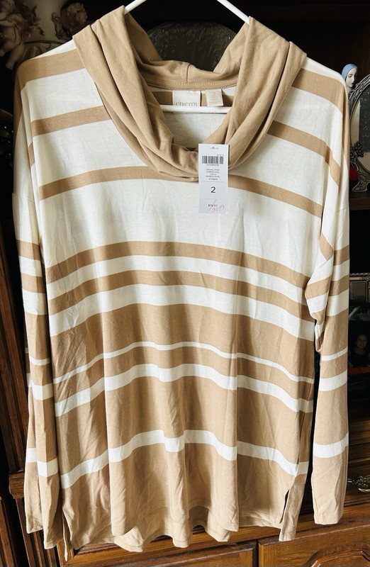 Chico's Original Stripe Corrine Cowl Neck LS Top Color Arabian Camel SZ 2/L  NWT