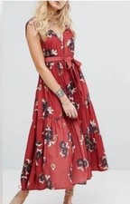 Free People Floral Maxi Boho Dress size 6 Red Multi Tiered Boho Peasant Cottage