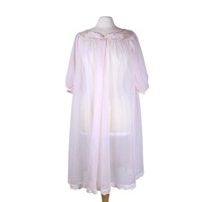 Vintage Shadowline 60s 70s pale pink nylon chiffon robe housecoat lace trim sz S