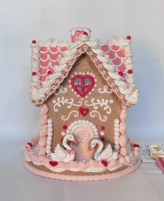 Lighted Gingerbread House Pink Sparkly White Swans Heart Window LED NWT 