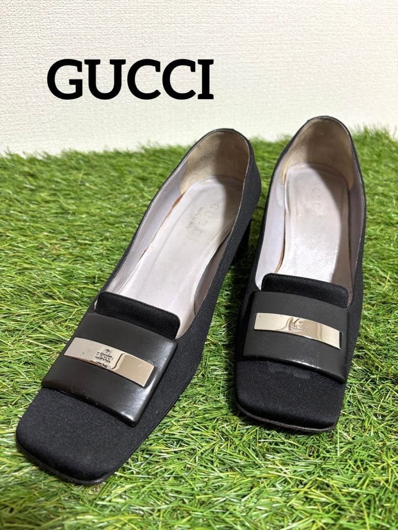 Auth Gucci Pumps Leather Satin Black Logo Plate Heel EU36.5 US6.5 UK3.5 thumbnail 11