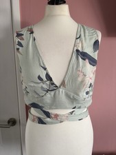 Floral Wrap Front Crop Top Blouse Mint Green Navy Pink Botanical Print Tie Back