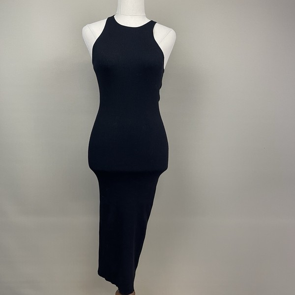 Kookai Ribbed Knit Midi Dress Women Size 0 Black Sleeveless Stretchy Slim