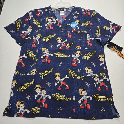 Small Cherokee Tooniforms Men's Pinocchio V-Neck Knit Panel Scrub Top Shirt NWT 