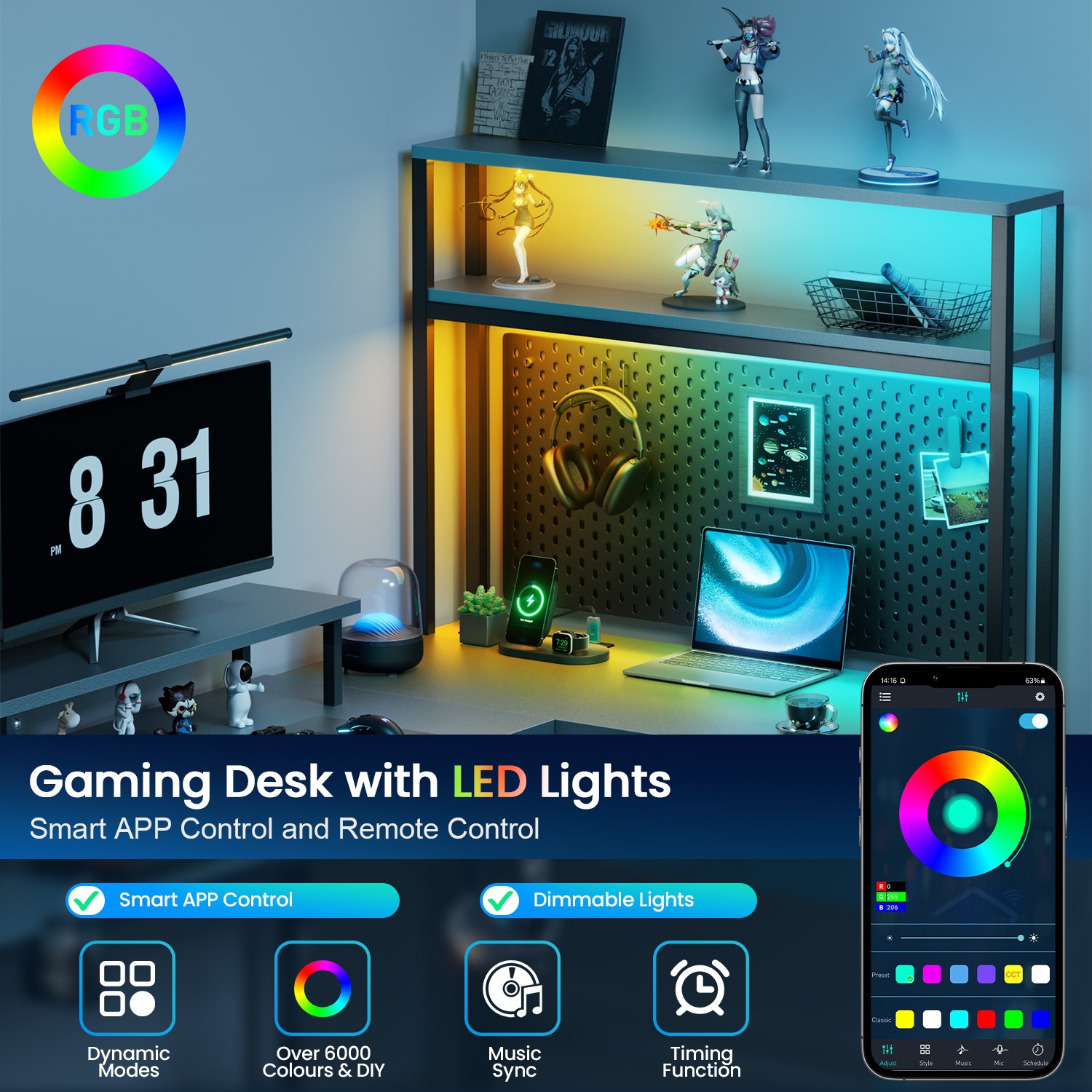 59 inch L Shaped Gaming Desk with LED light & Power Outlets, PC Desk with Drawer