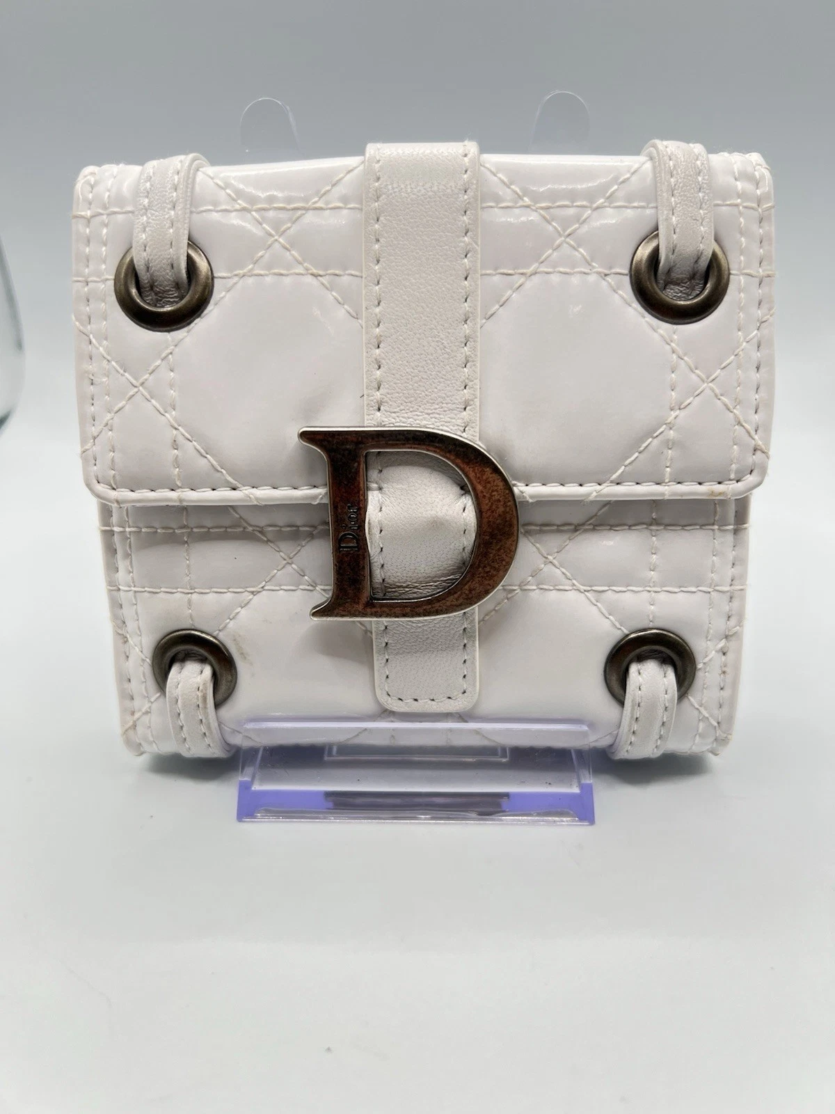 Authentique portefeuille vintage Christian Dior double pli cuir blanc brillant femme 