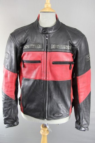IXS MENS BLACK & RED LEATHER BIKER JACKET WITH PROTECTORS 40 INCH (AJ60)